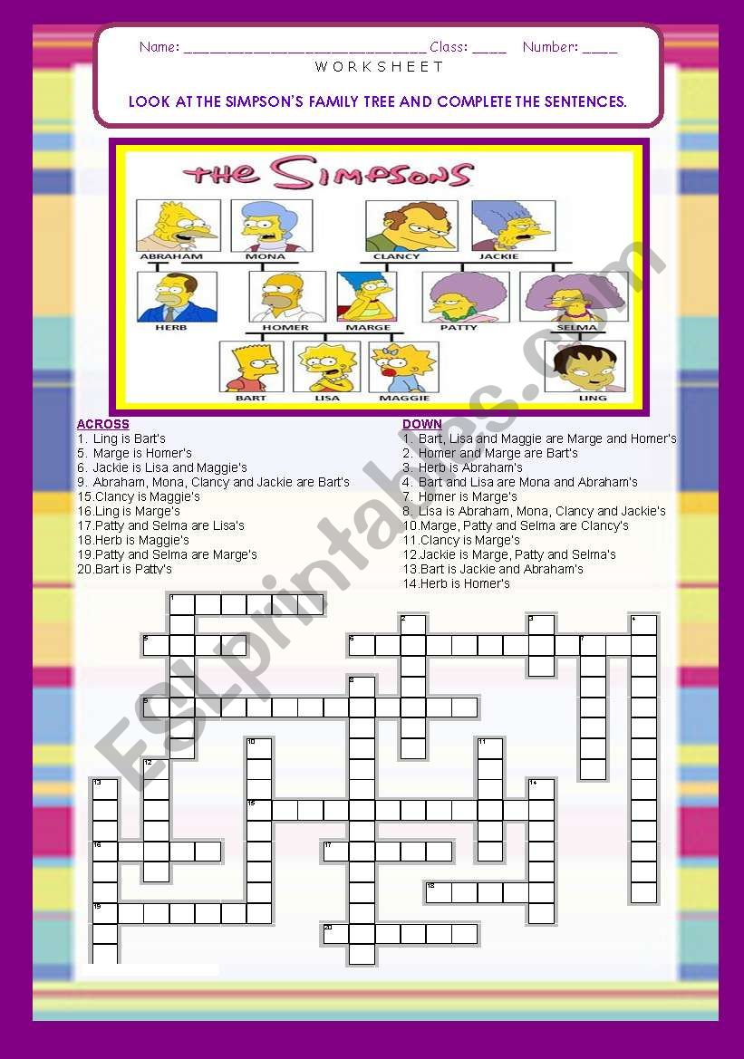 THE SIMPSONS FAMILY TREE / CROSSWORDS-  21 SENTENCES with ANSWER KEY