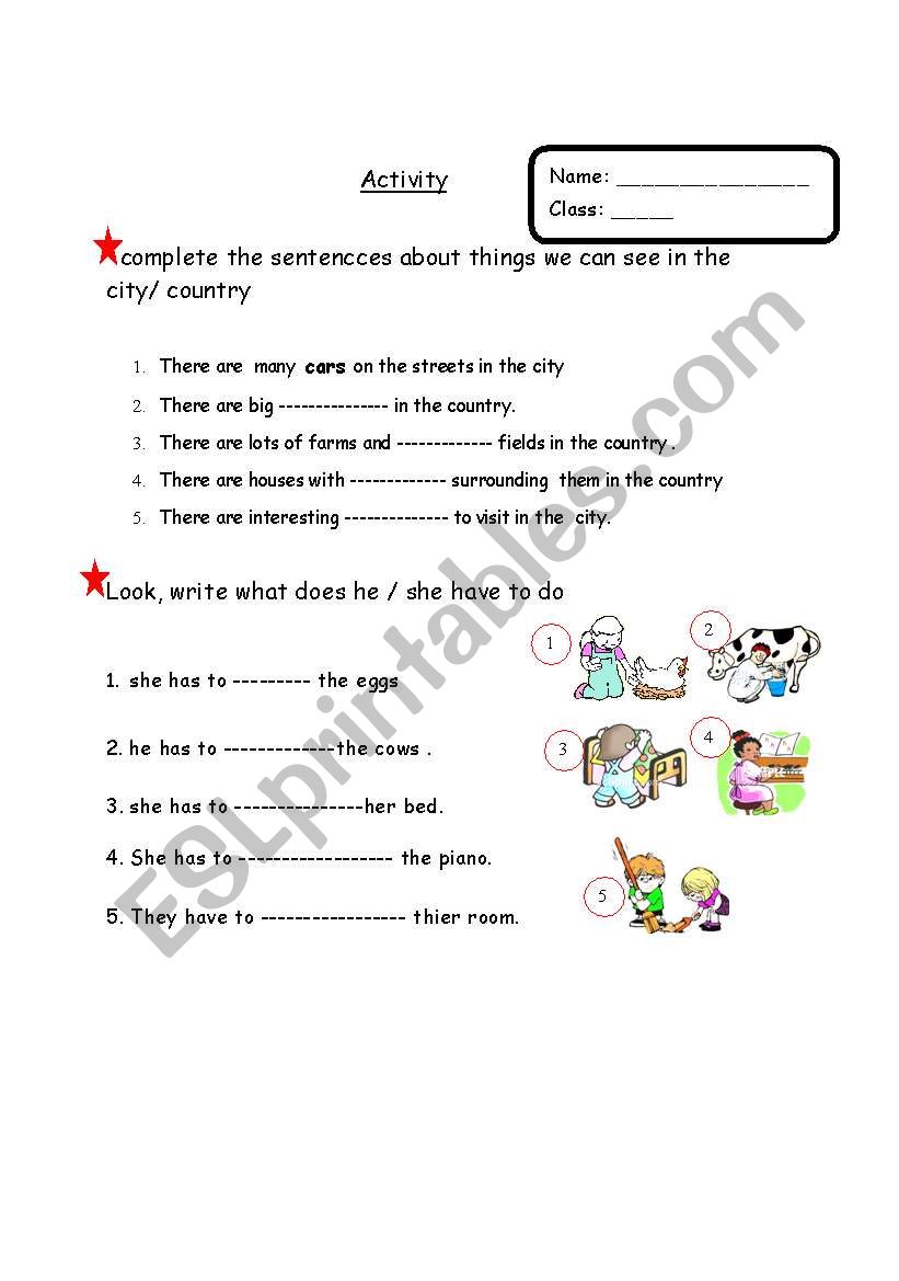 a worksheet about activities related to city or country life