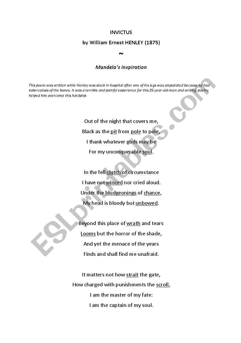 INVICTUS by William Henley worksheet