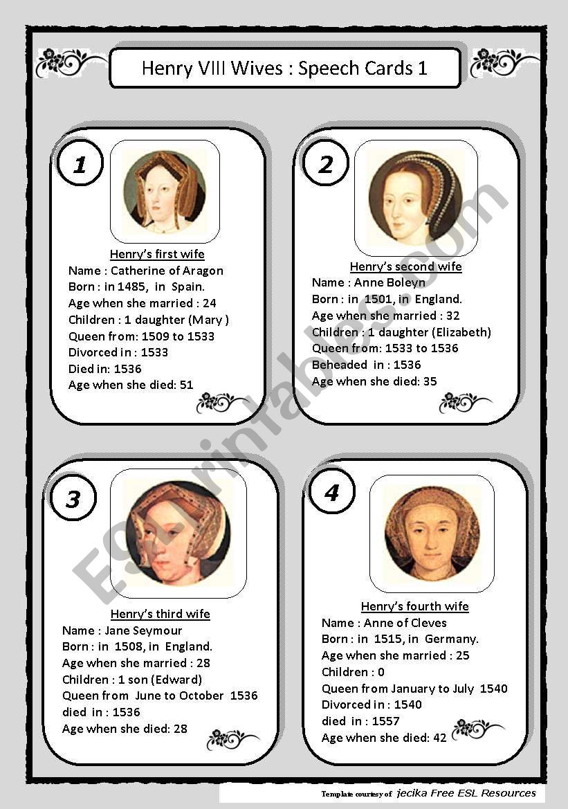 Henry VIII Wives : SPEECH CARDS PART 1