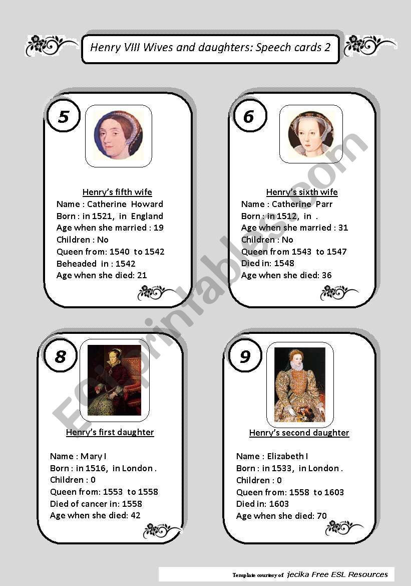 Henry VIII Wives  and daughters : SPEECH CARDS PART 2