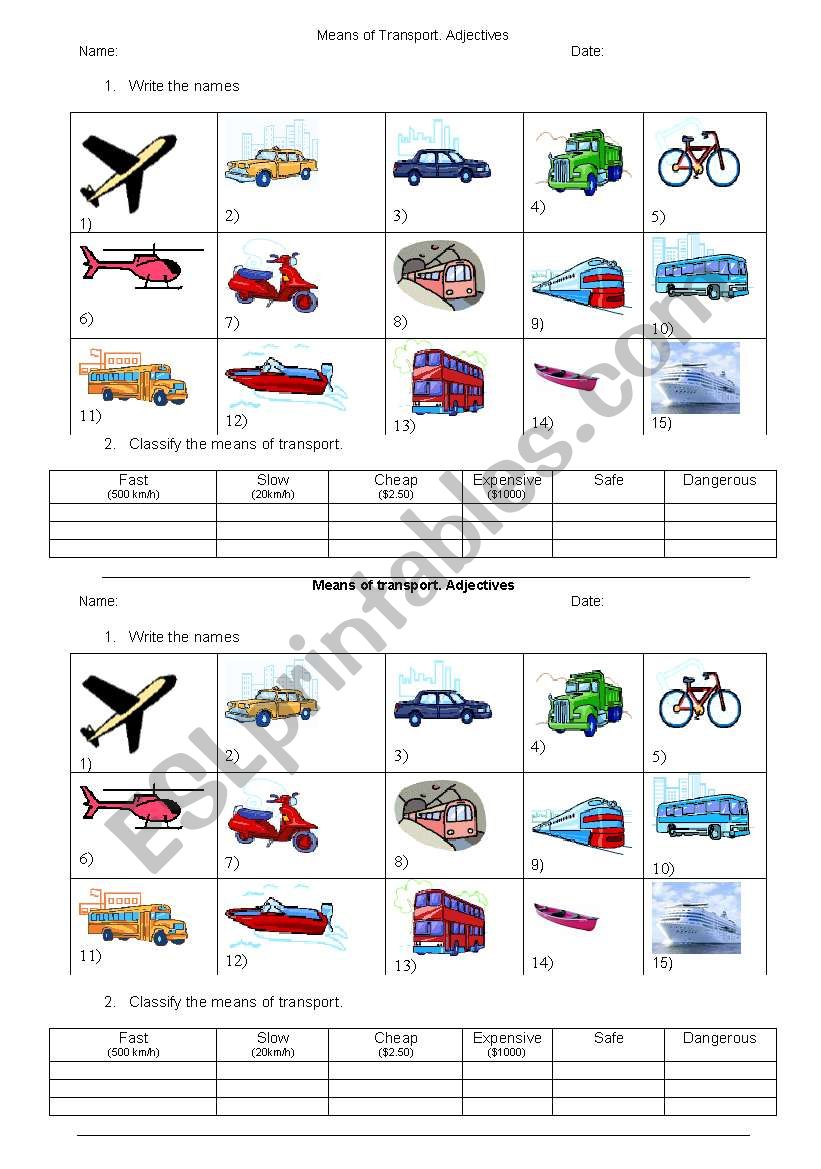 Means of transport worksheet