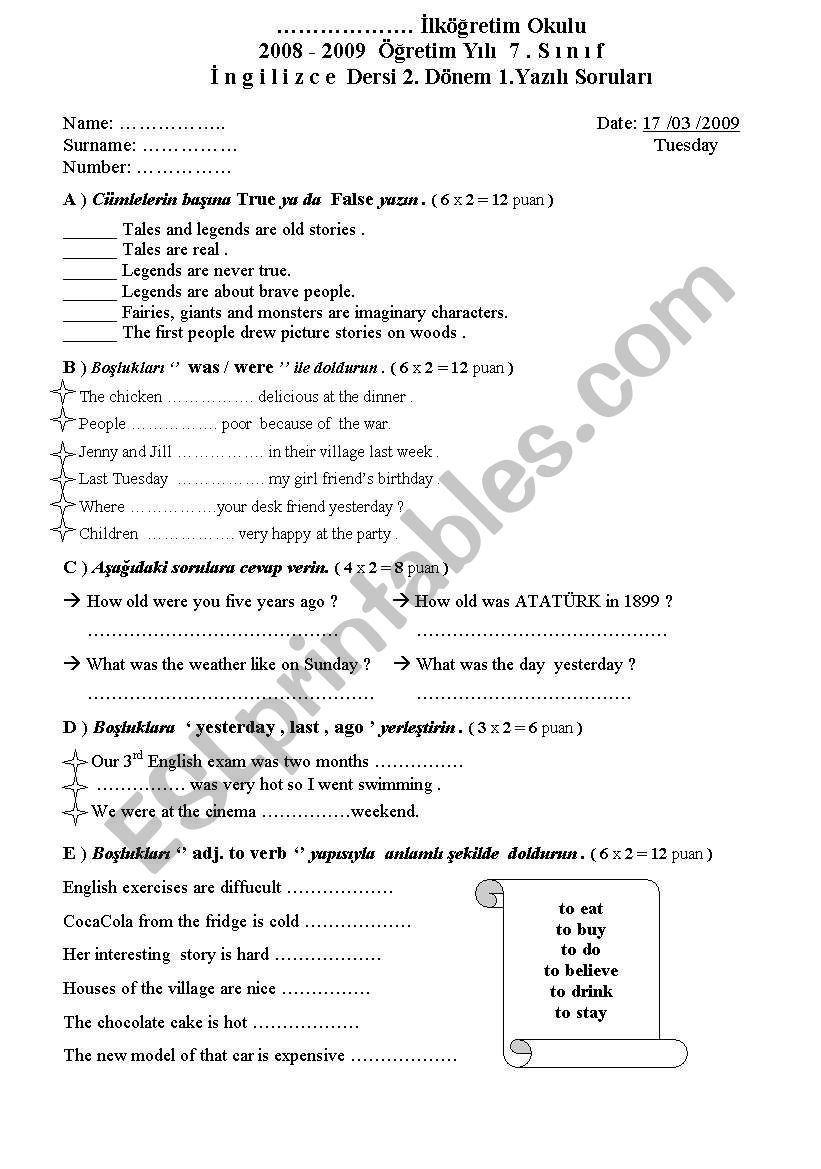 7th classes exam worksheet