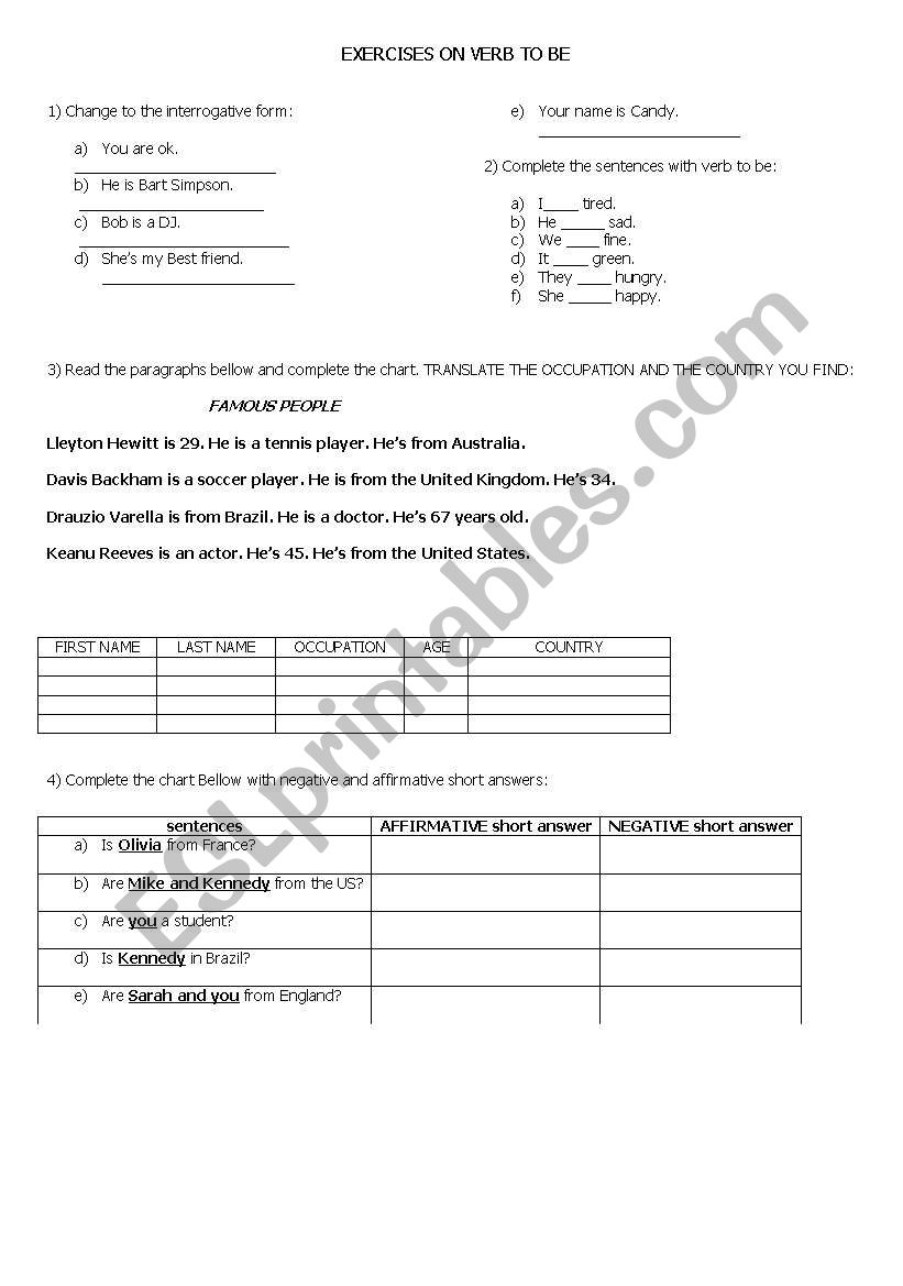 exercises on verb to be worksheet