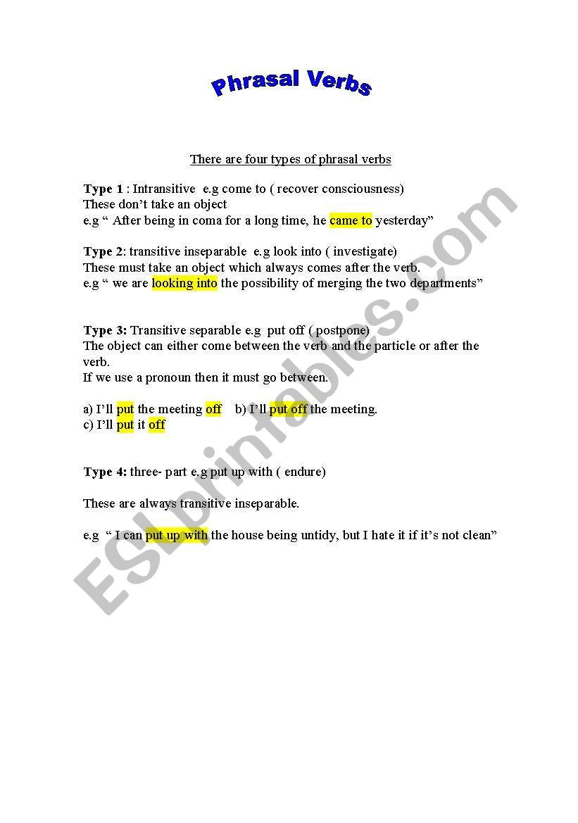 Categories of phrasal verbs worksheet