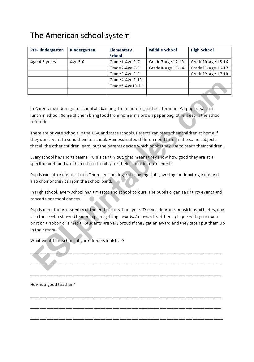 The American School System worksheet