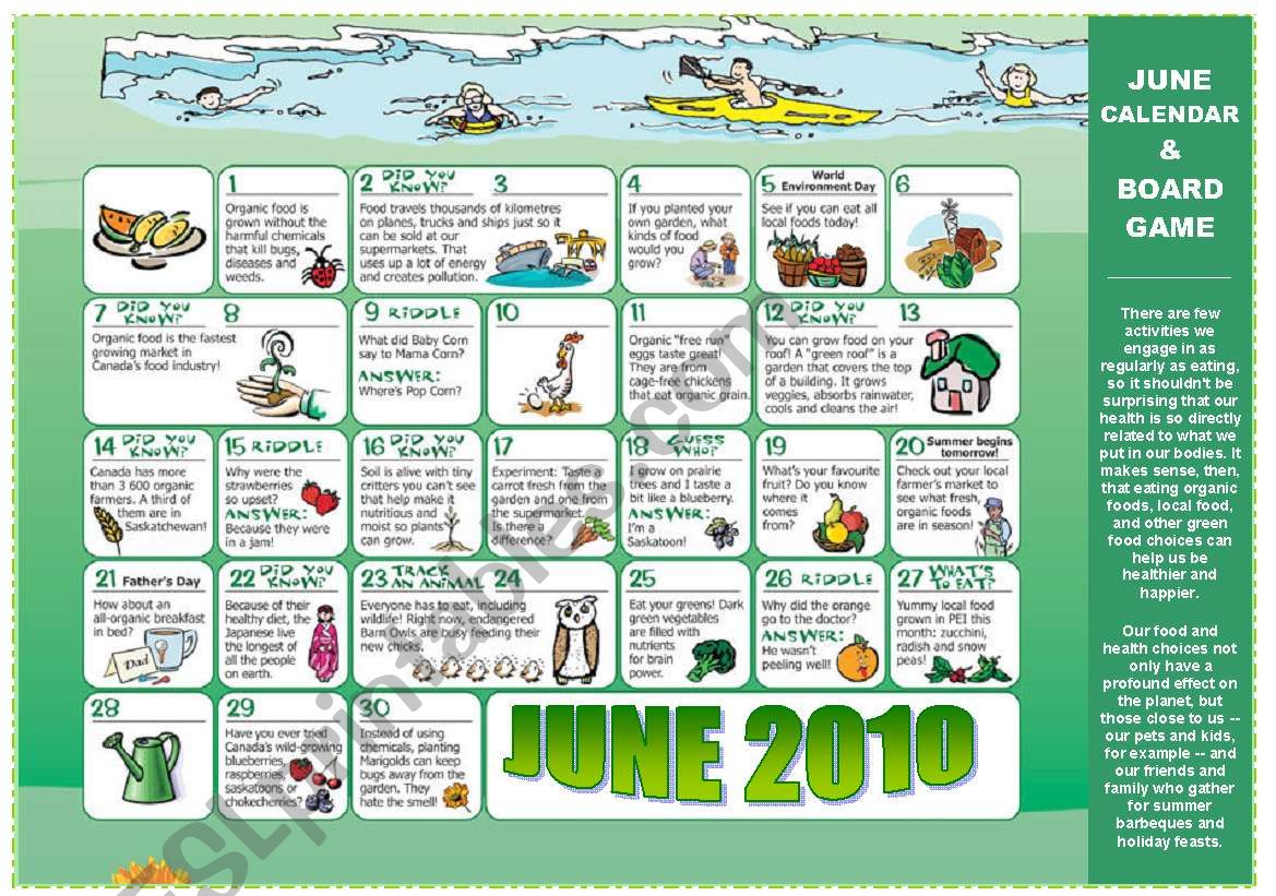 5 PAGES - EAT GREEN + JUNE CALENDAR (riddles, tips,..) READING + SPEAKING