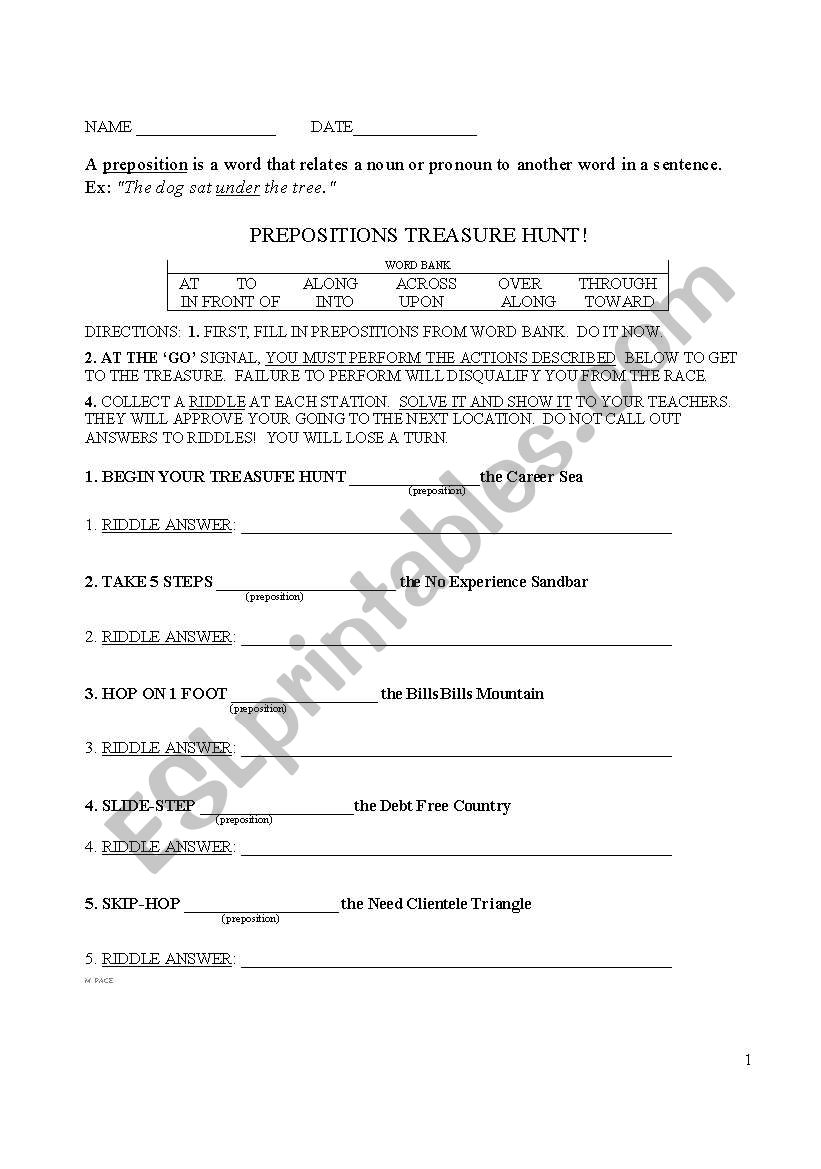 Prepositions Treasure Hunt with Riddles