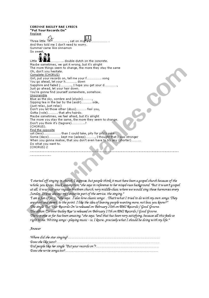 CORINNE BAILEY RAE LYRICS worksheet