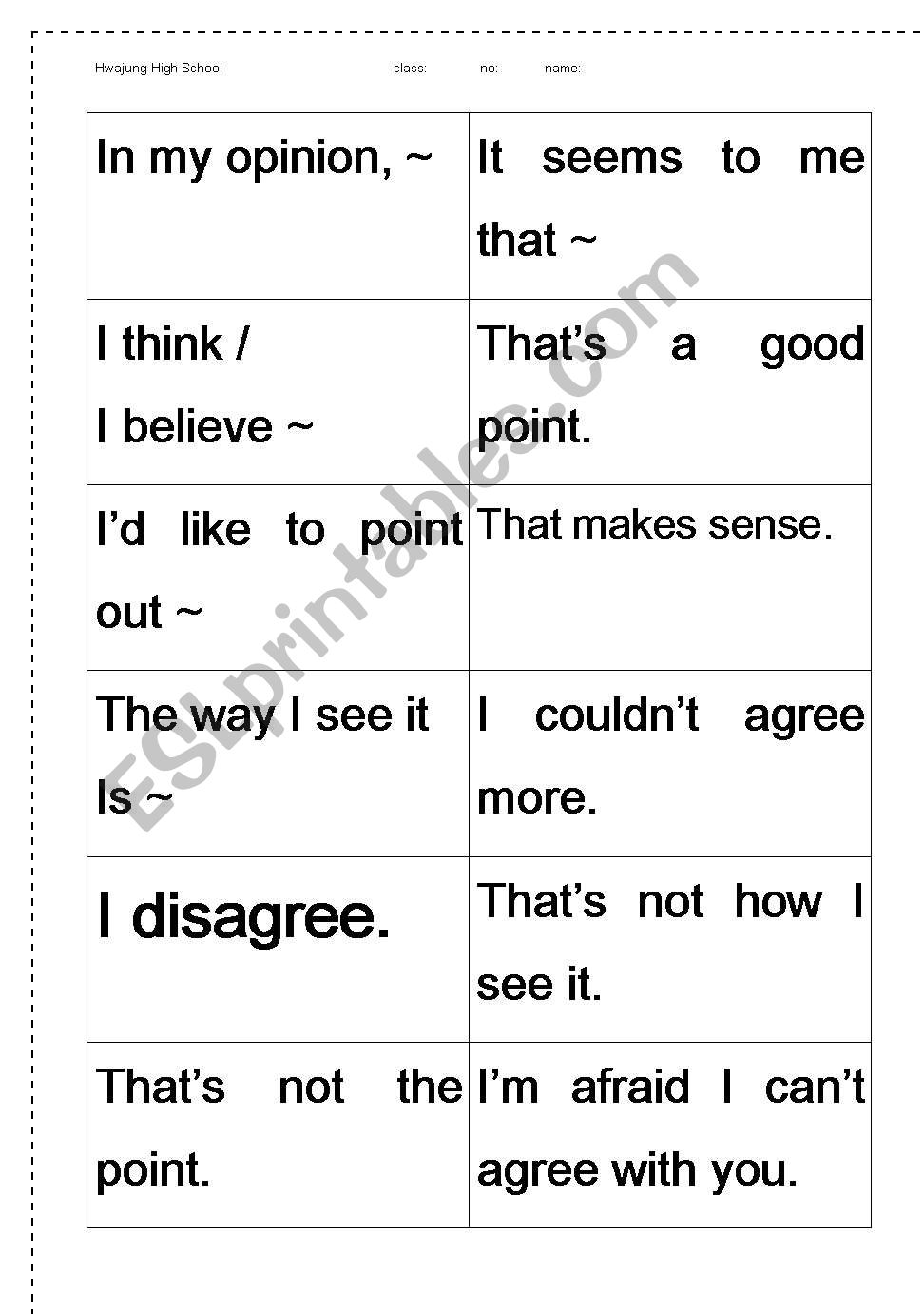 agreement/disagreement card worksheet