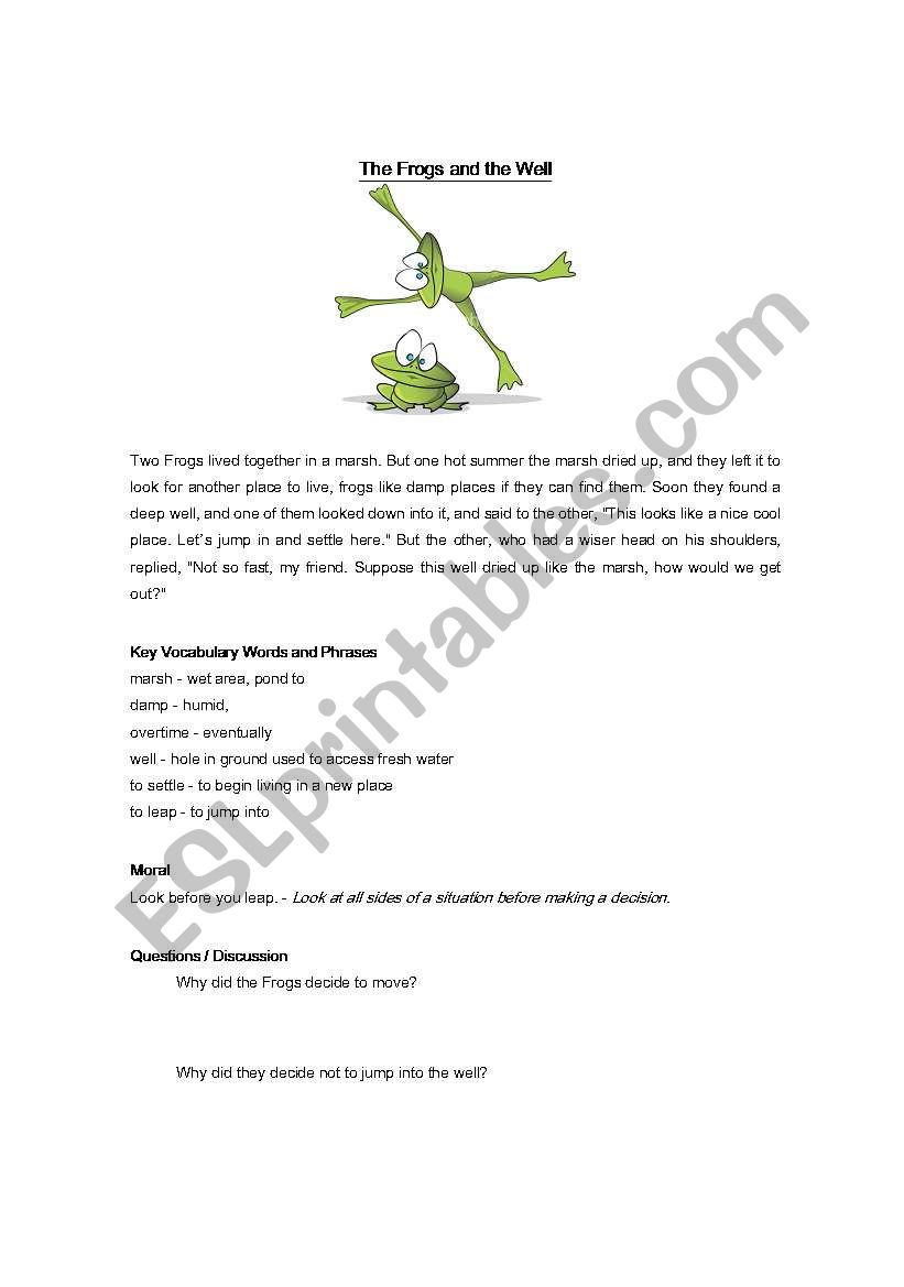 The Frogs and the well worksheet