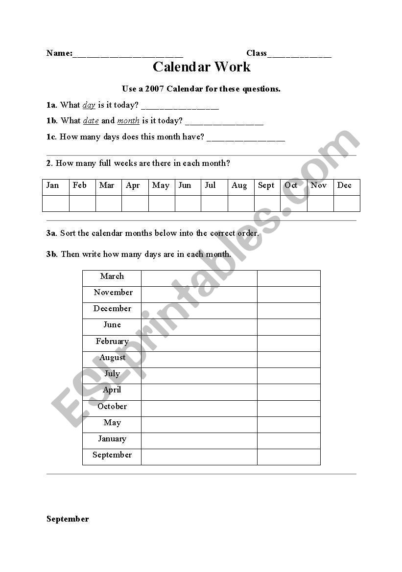 Calender Work worksheet