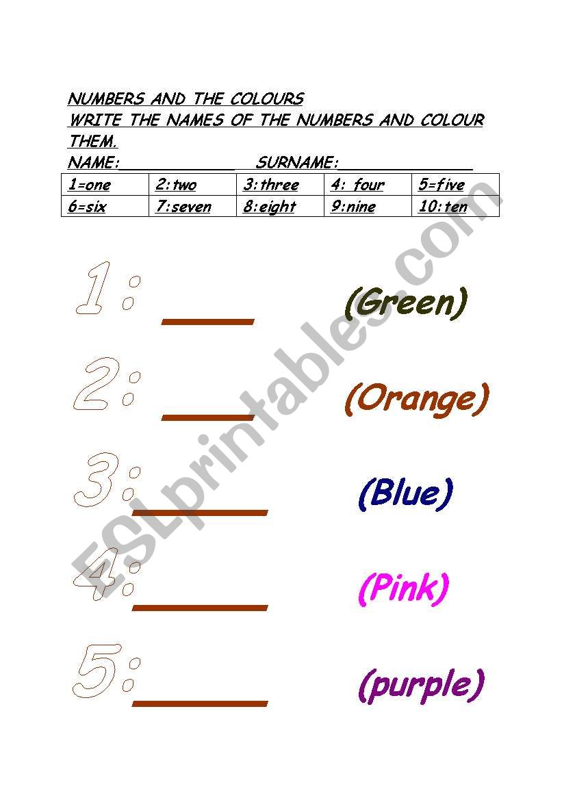 Colours and Numbers 1-10 worksheet