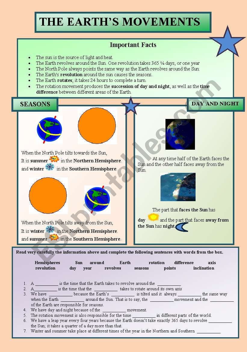 The EarthÂ´s Movements. Editable WS for ESL reading or CLIL, Science 1Âº ESO 
