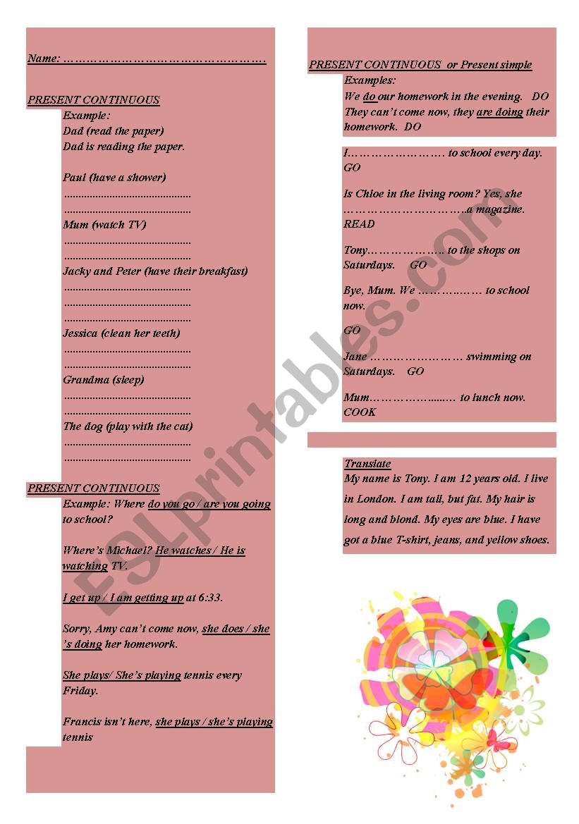 Present simple and continuous worksheet