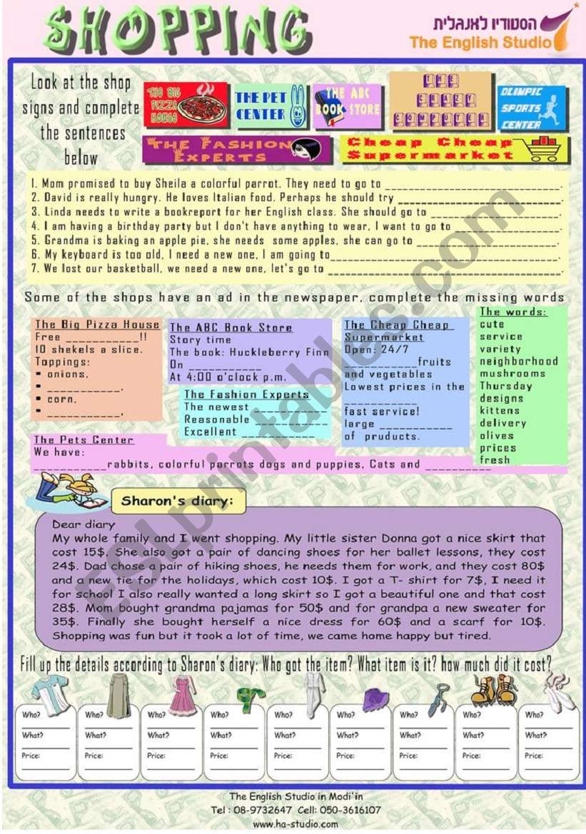 shopping worksheet