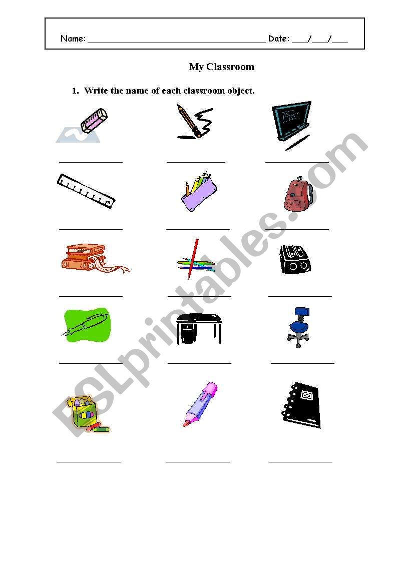 Name the Classroom objects worksheet