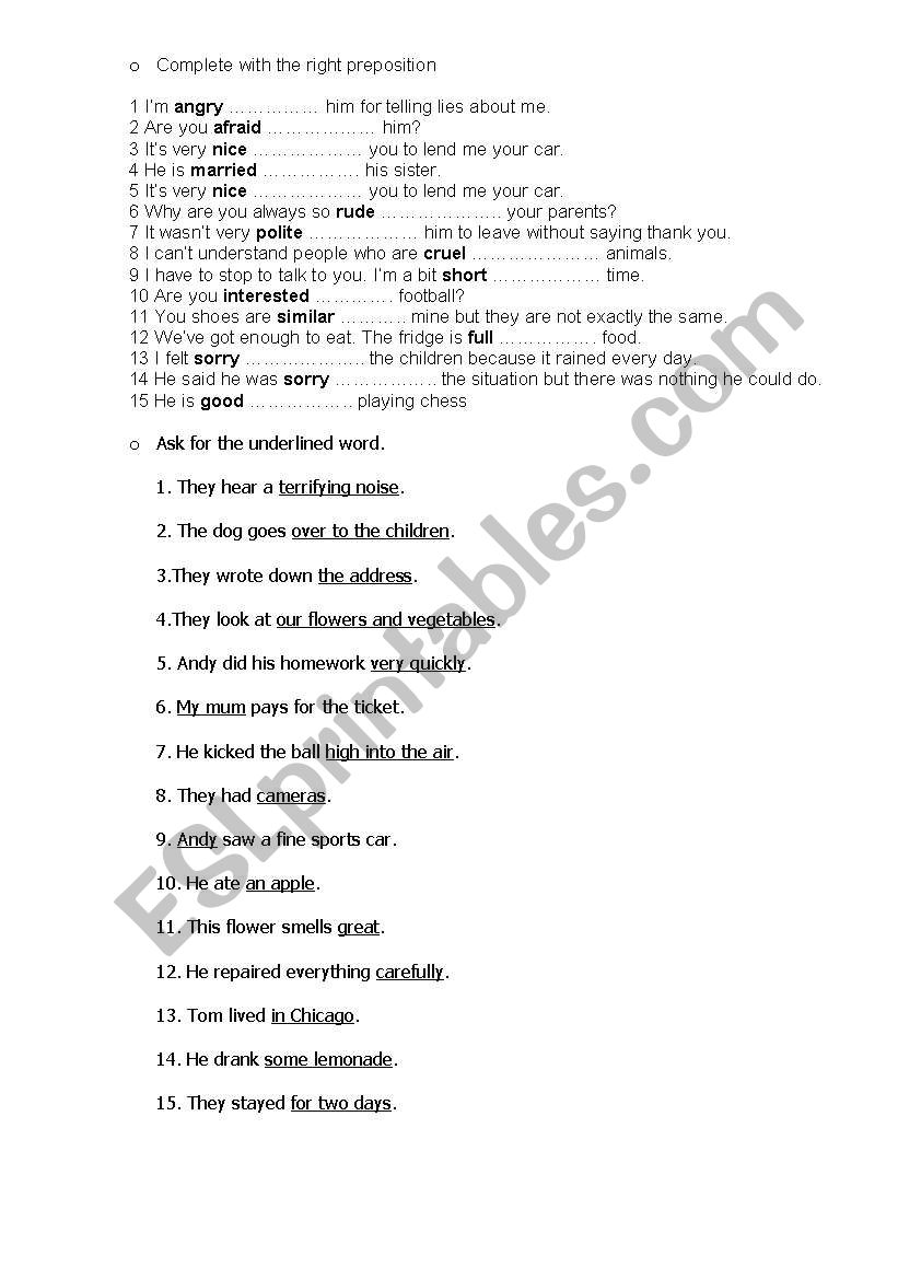 prepositions and questions worksheet