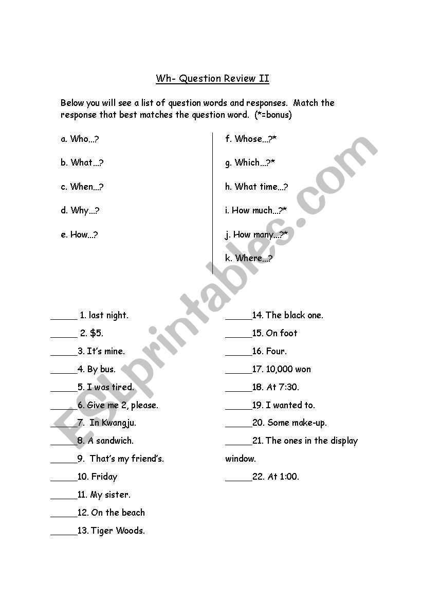 Wh- question review  worksheet