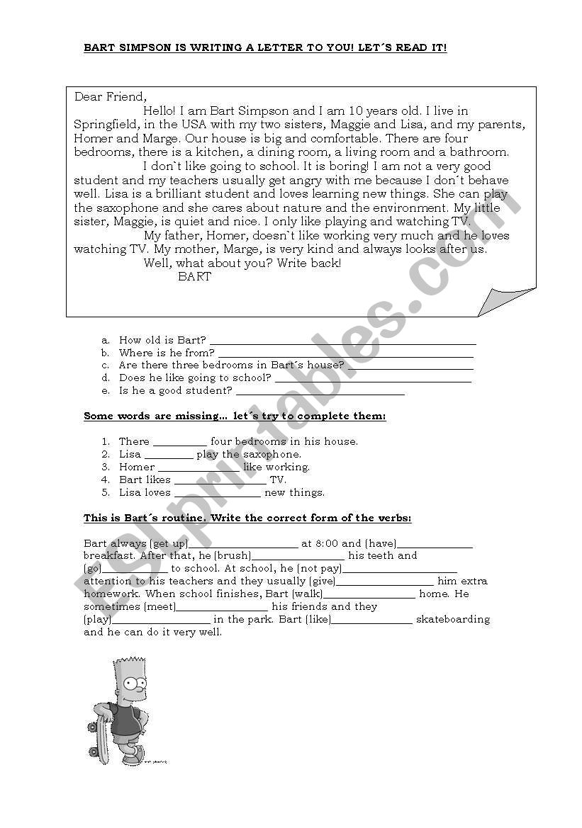 lets meet Bart simpson worksheet