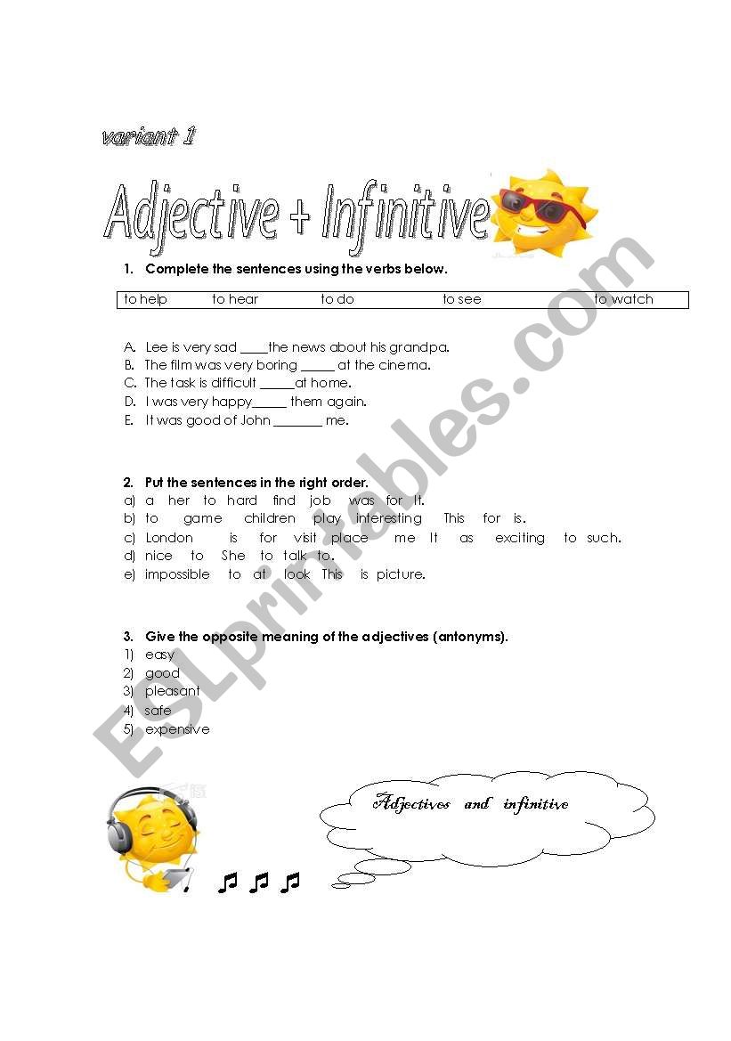 Adjective + to infinitive worksheet