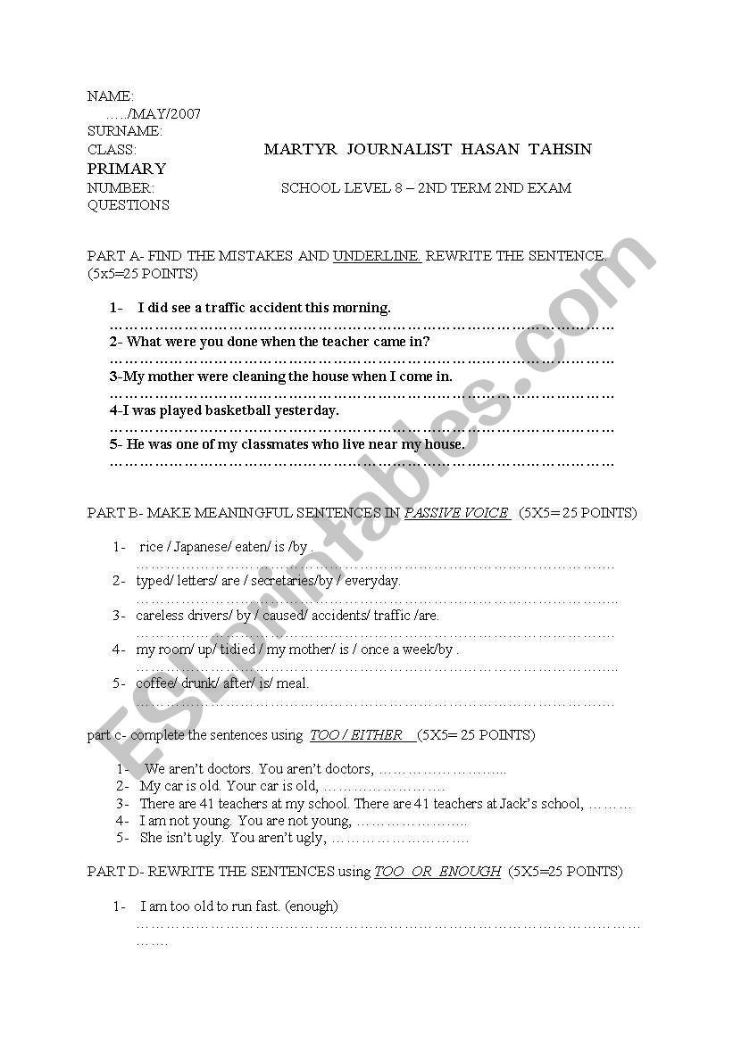 8. grade exam  worksheet