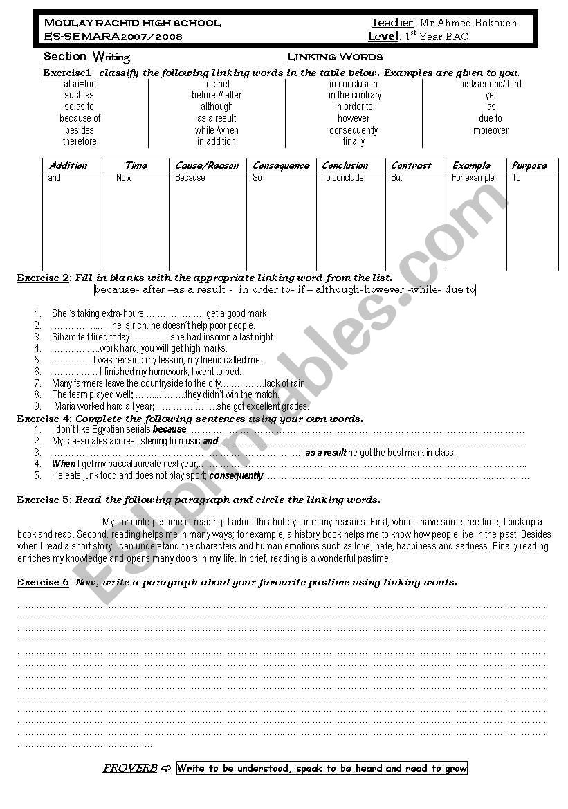 linking words worksheet