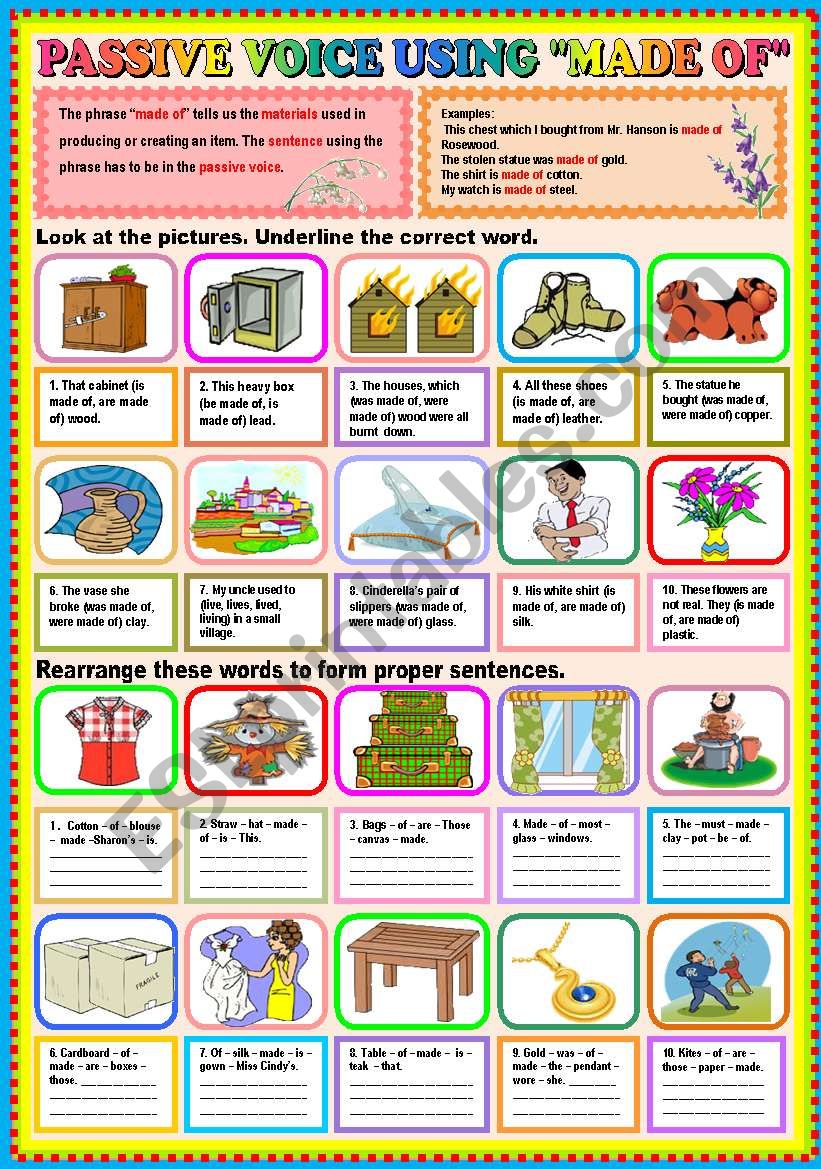 Passive voice using made of worksheet