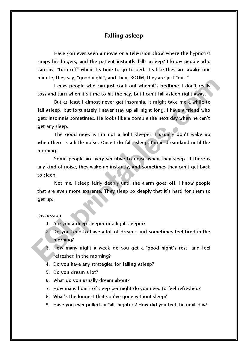 Reading: Falling Asleep worksheet