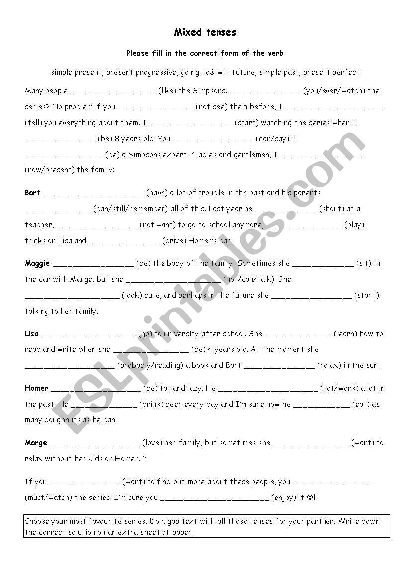 gap text mixed tenses  worksheet