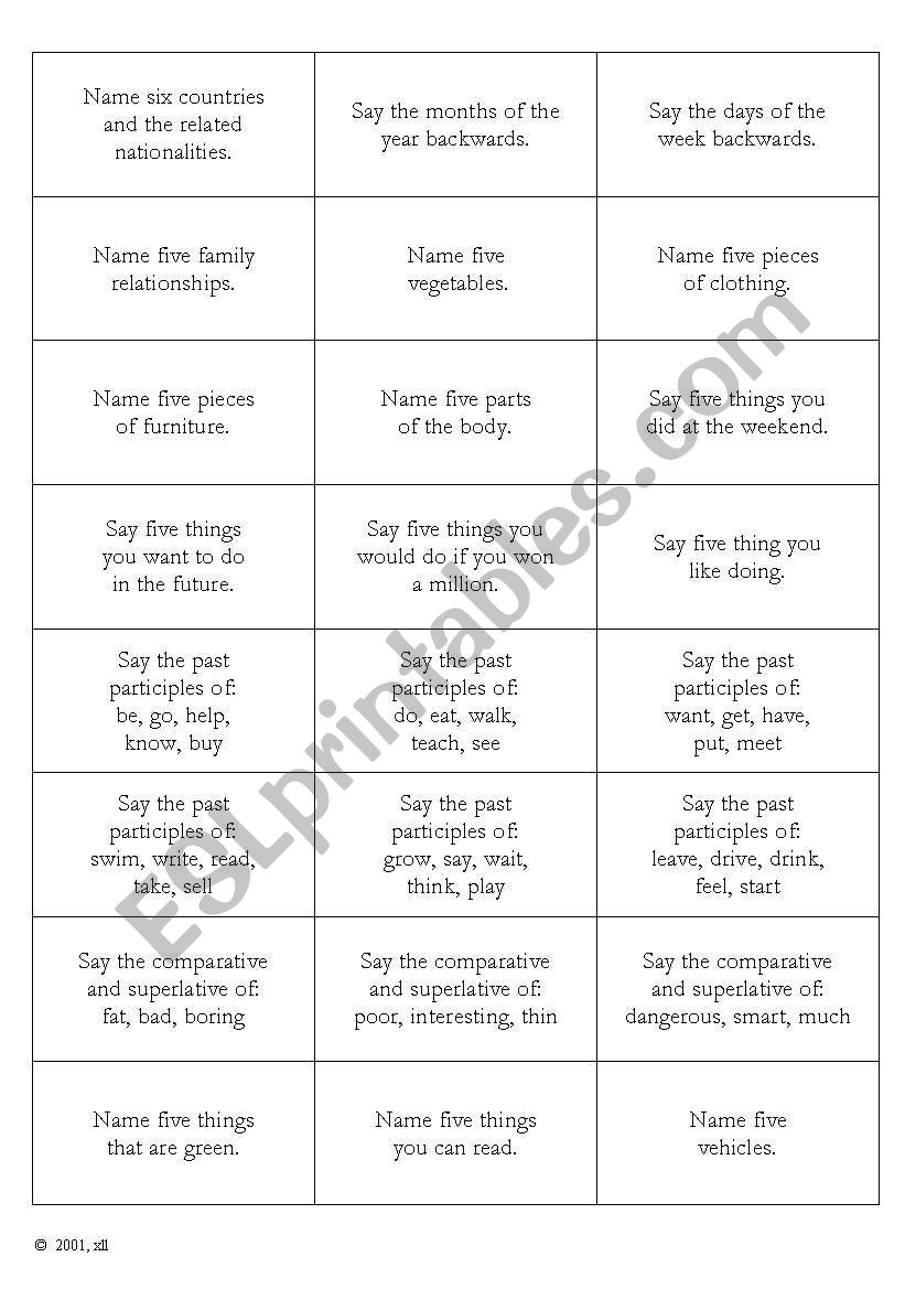 Revision Cards worksheet