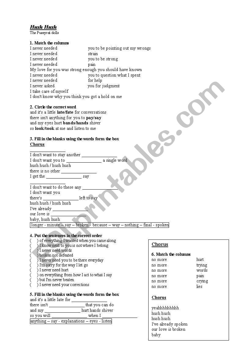 Hush, hush - Pussycat dolls worksheet