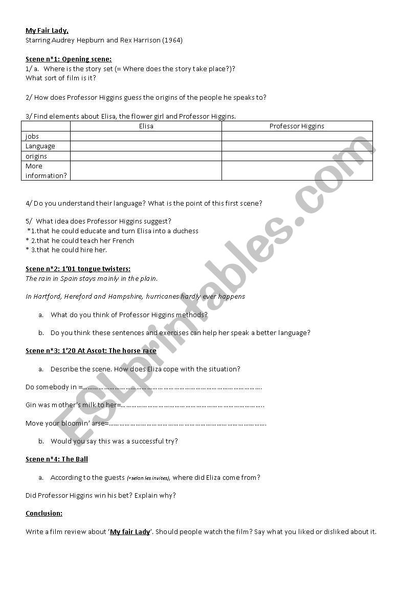 my fair lady worksheet