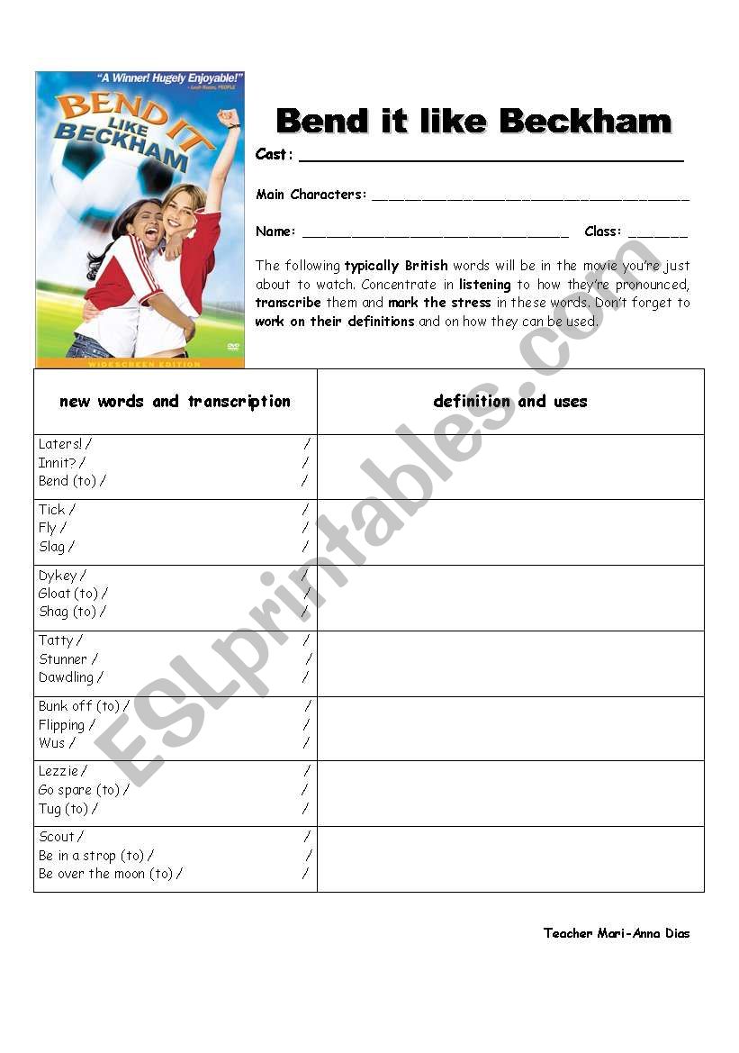 Bend it Like Beckham worksheet