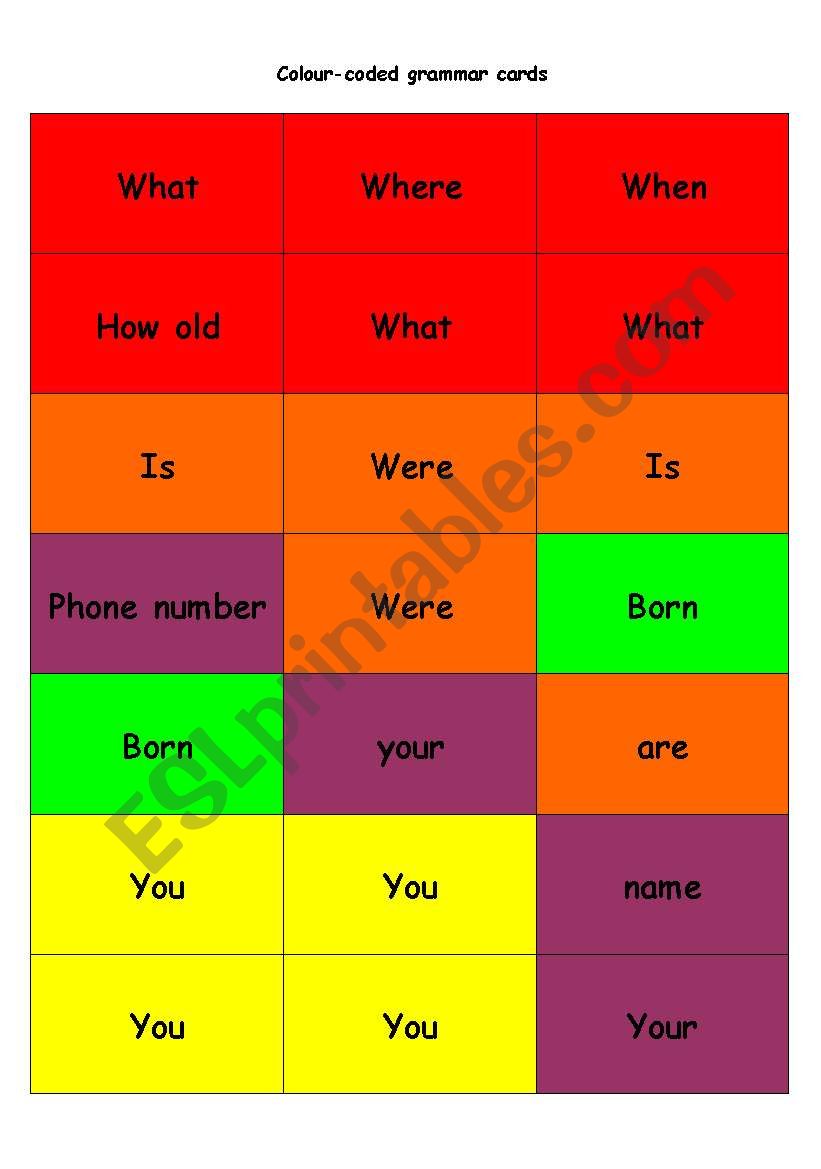 colour-coded grammar cards worksheet