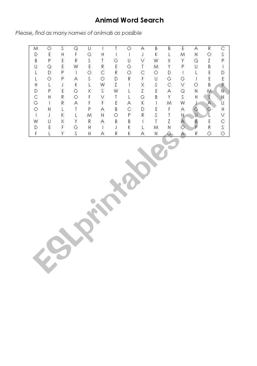 Animal word search worksheet