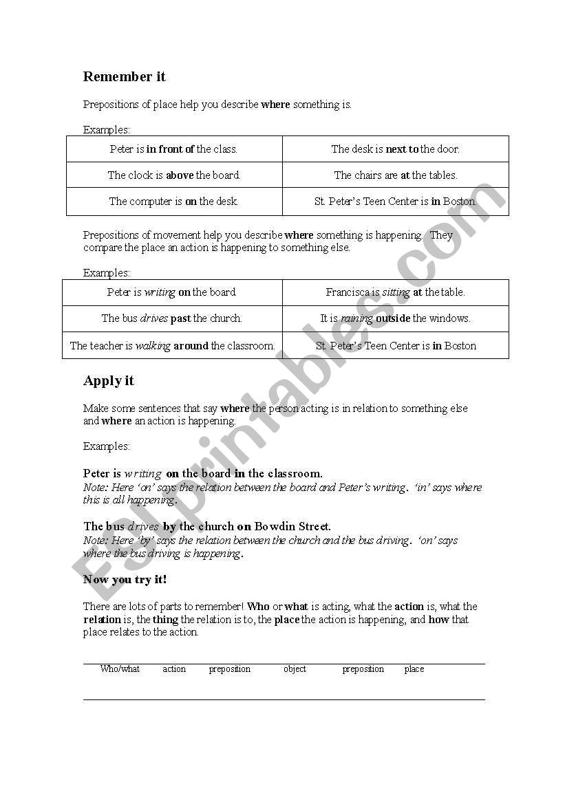 Worksheet for Applying Prepositions of Place and Movement