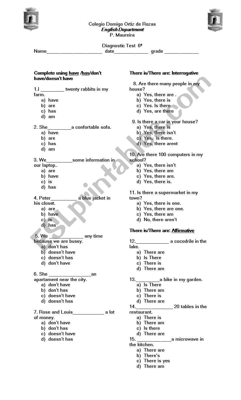 Diagnostic test worksheet