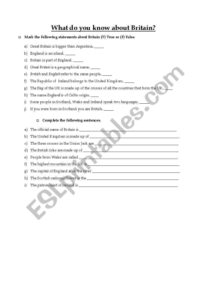 Quiz on Britain worksheet