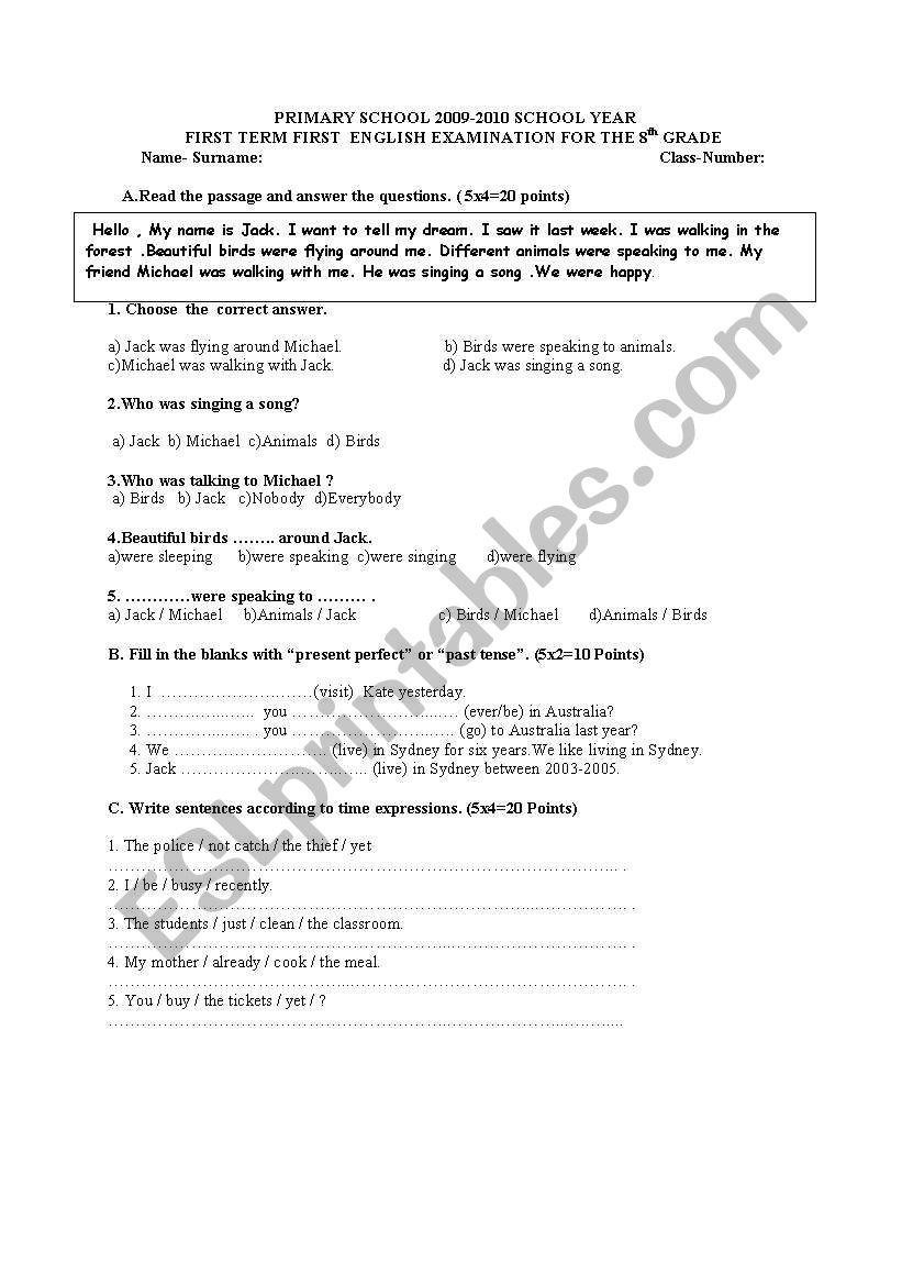 exam worksheet