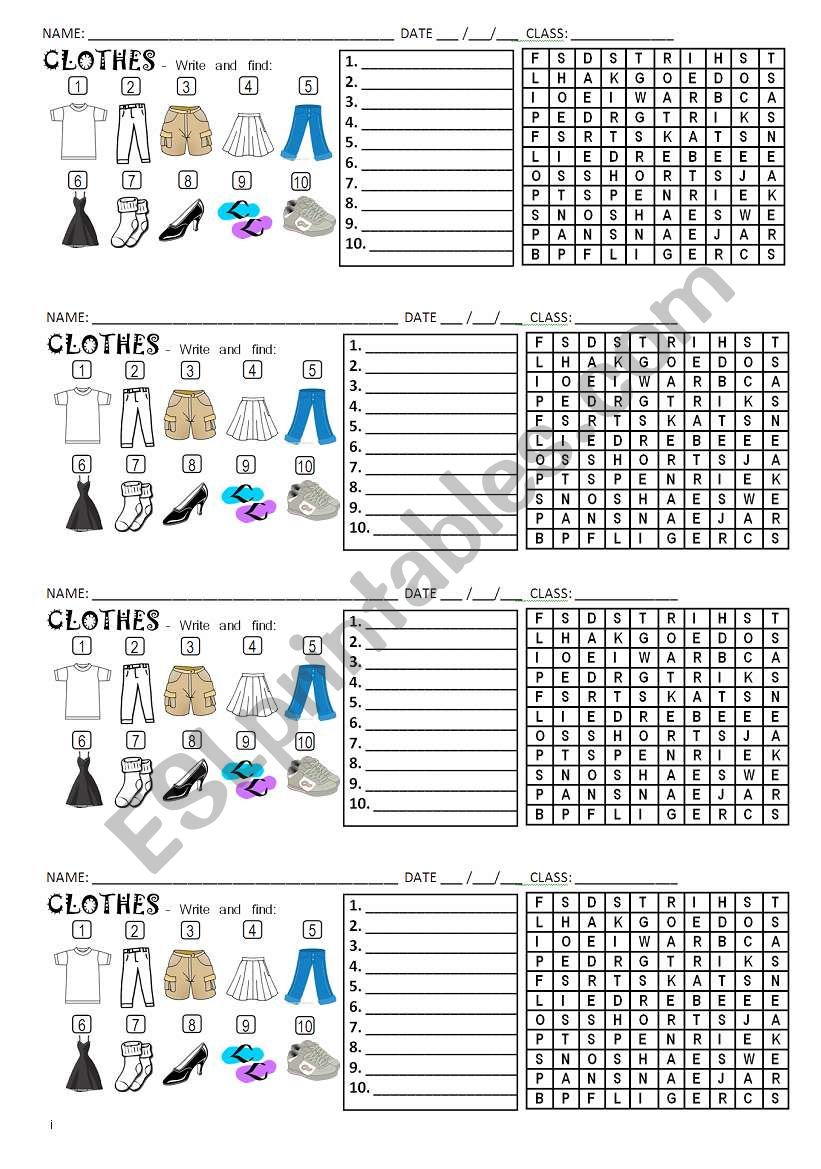 Clothes wordserach worksheet