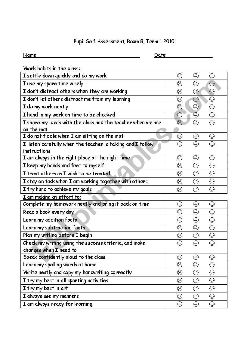 Pupil Self Assessment worksheet