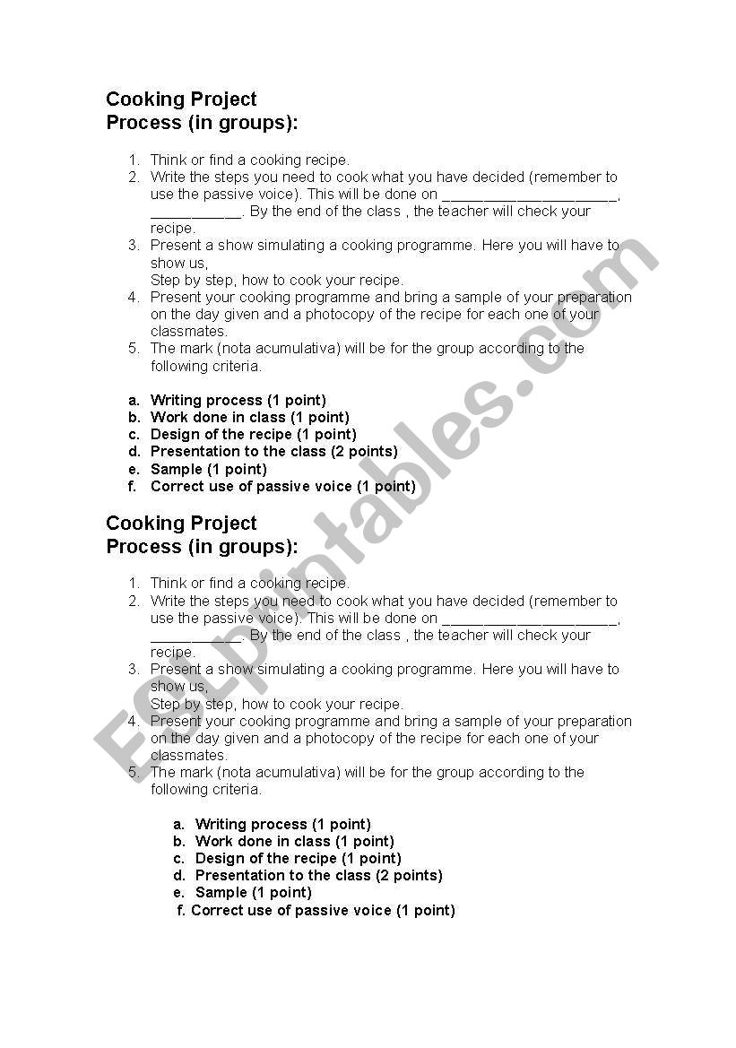 cooking project worksheet