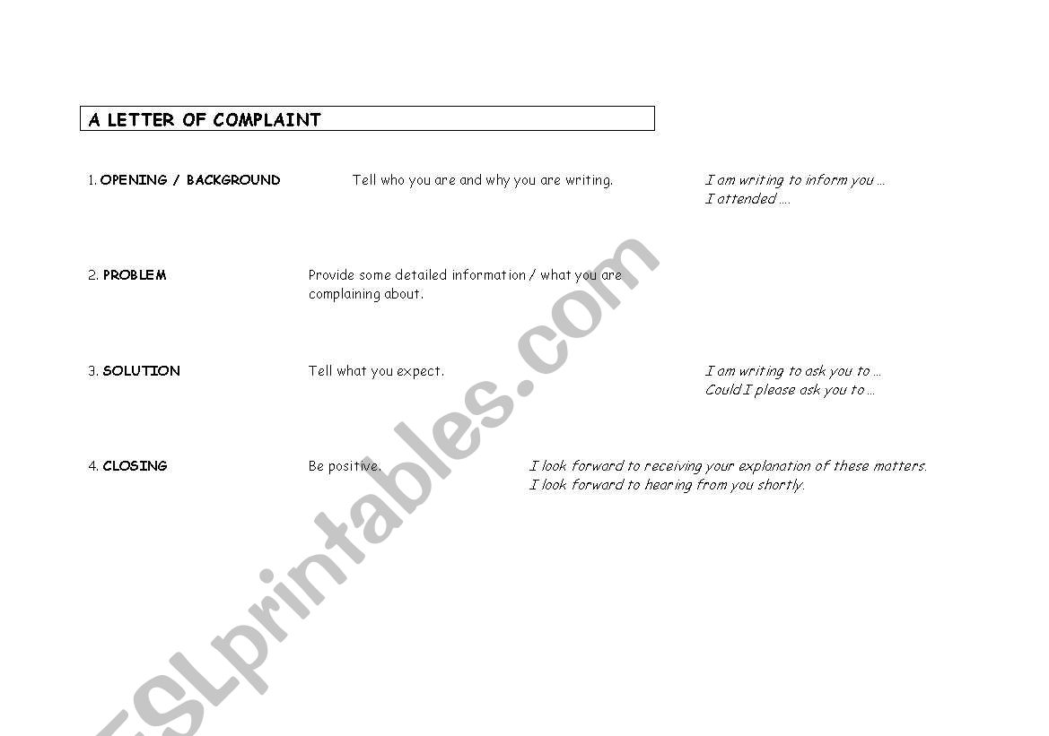 a letter of complaint worksheet