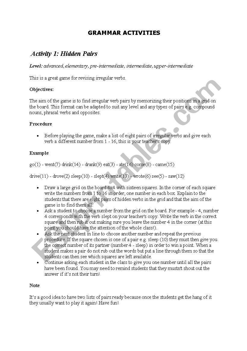 grammar activities worksheet