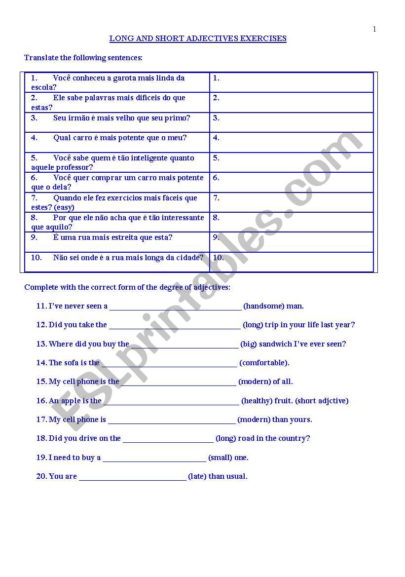 DEGREE OF ADJECTIVE EXERCISES worksheet