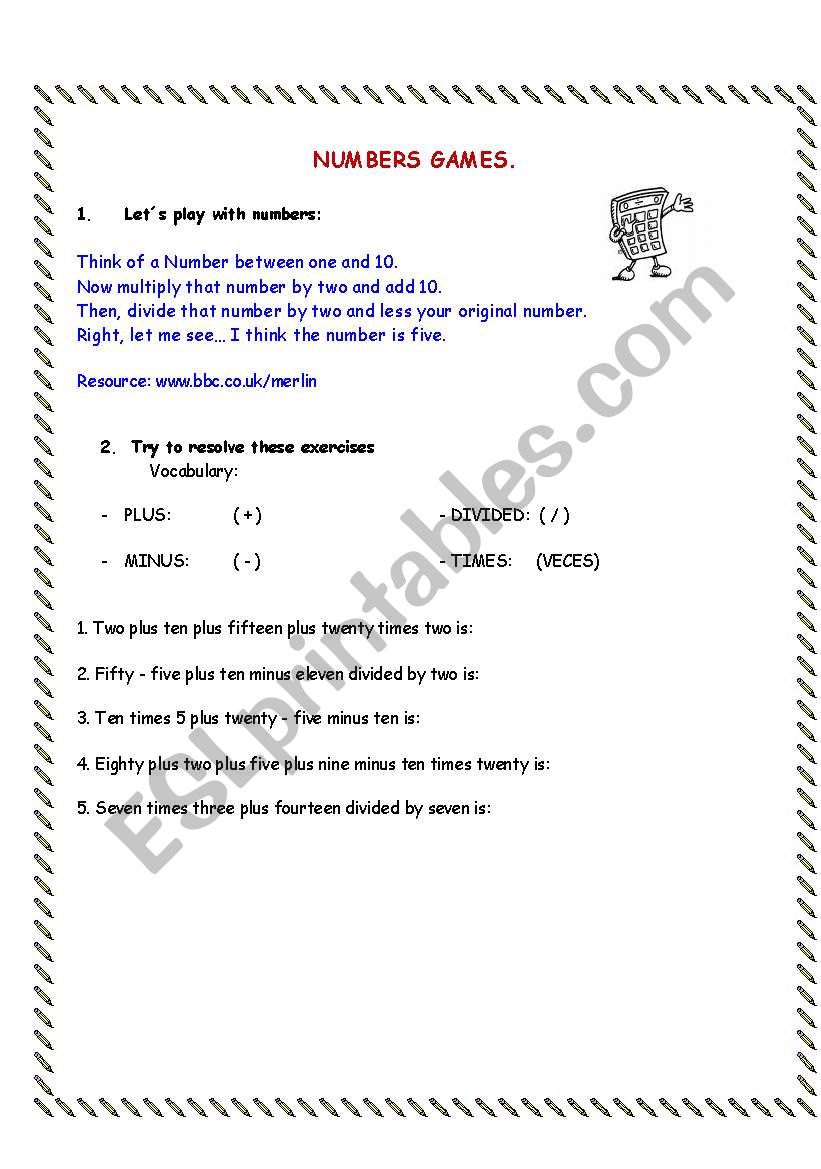 NUMBERS GAME worksheet