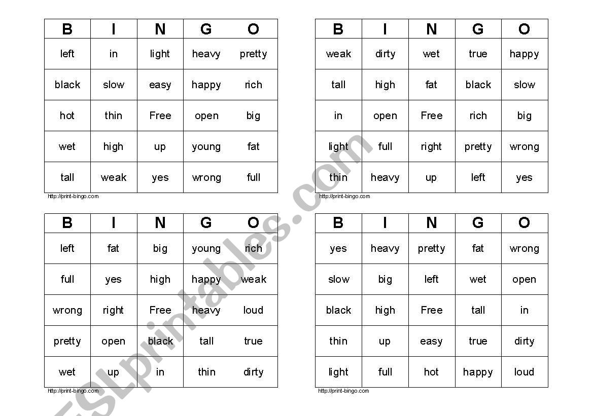 Opposite Bingo #1 worksheet