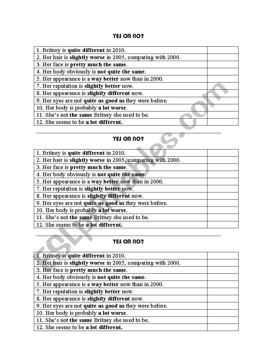 Comparing worksheet