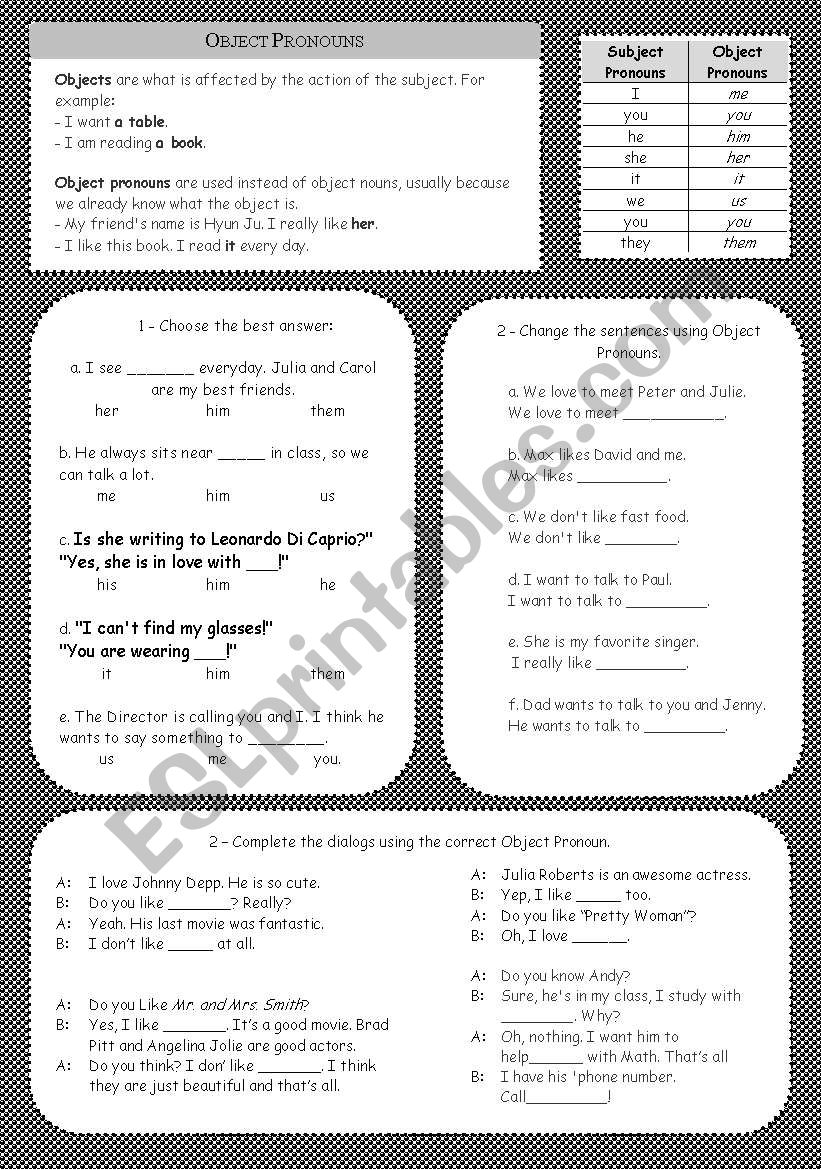 Object Pronouns Worksheet worksheet